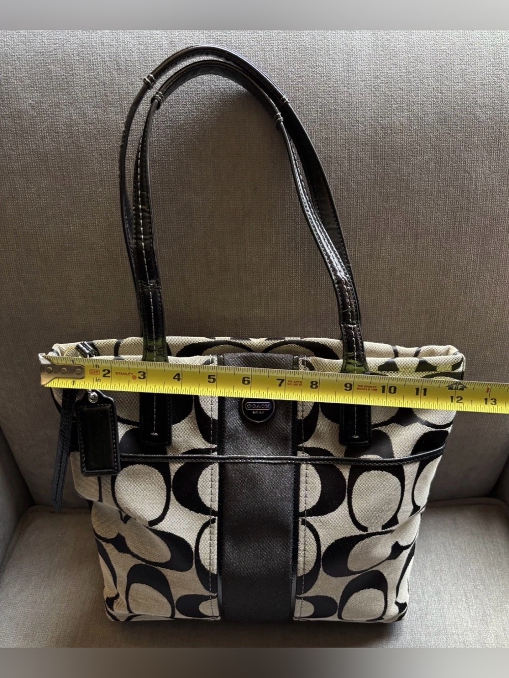 Coach F25771 Signature Stripe Tote Black/Khaki Patent Leather Trim Shoulder Bag - Picture 5 of 16